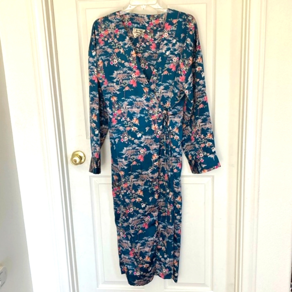 Jaase Japanese Kimono Floral Wrap Dress Size M Blue Pink White Green